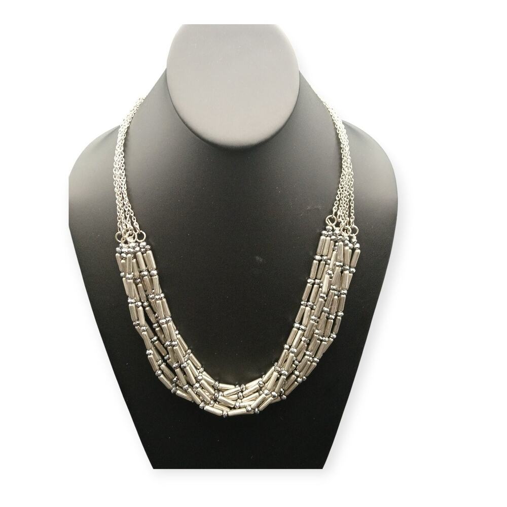 Chico’s Silver Tone Multi Strand Necklace Layered Statement NWT